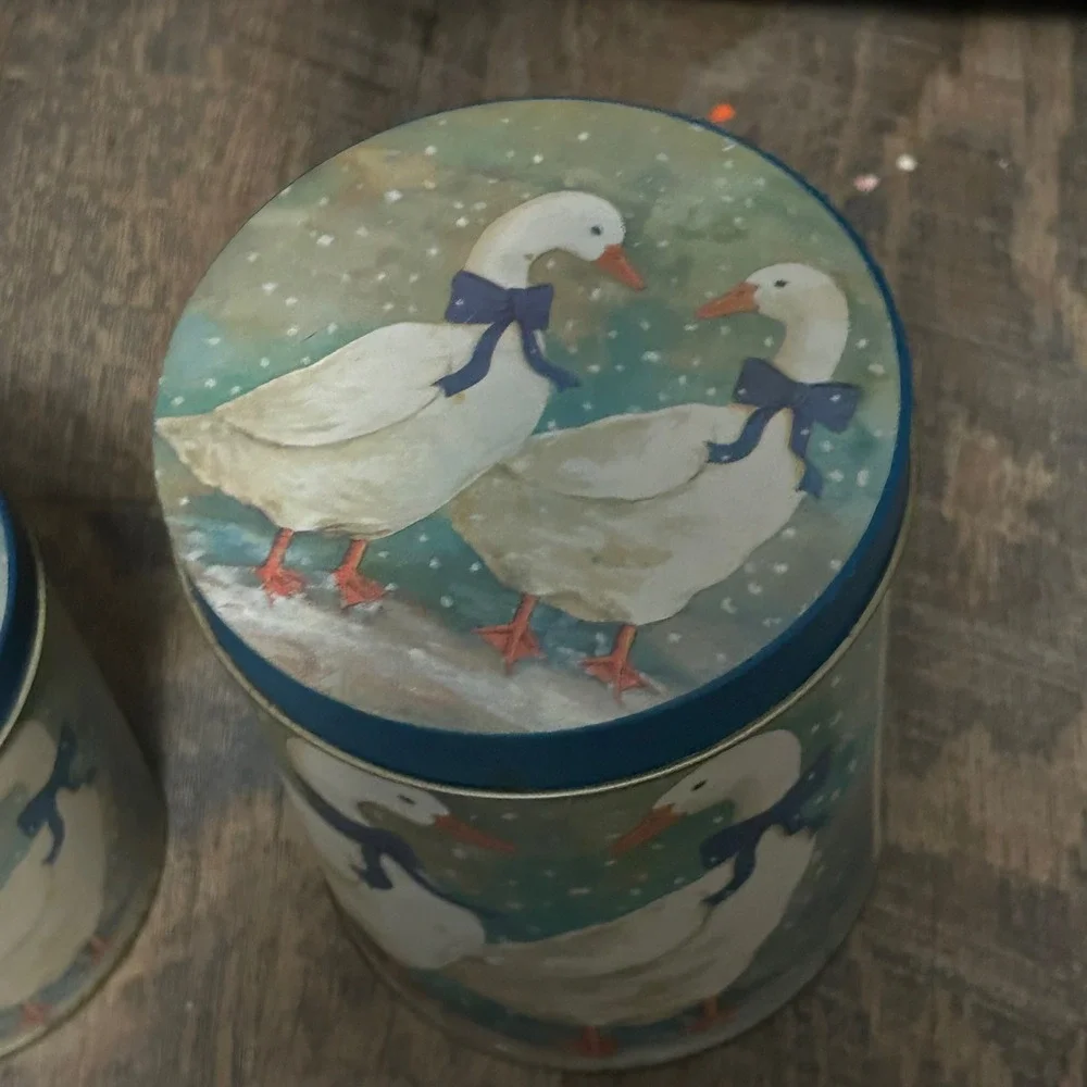 Vintage Country Goose Kitchen Set 2 Metal Tins and 1 Ceramic Trivet Blue Ribbon